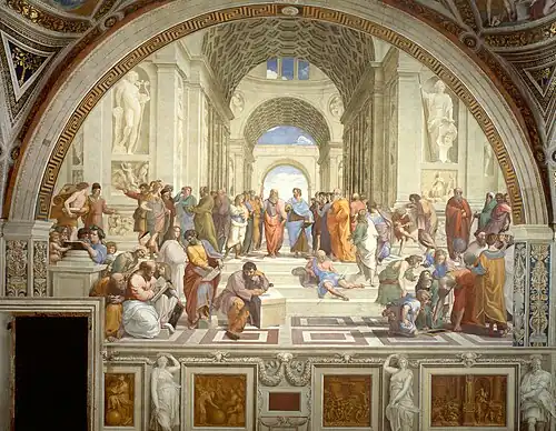 The School of Athens; by Raphael; 1509–1510; fresco; 5.8 x 8.2 m; Apostolic Palace (Vatican City)[160]