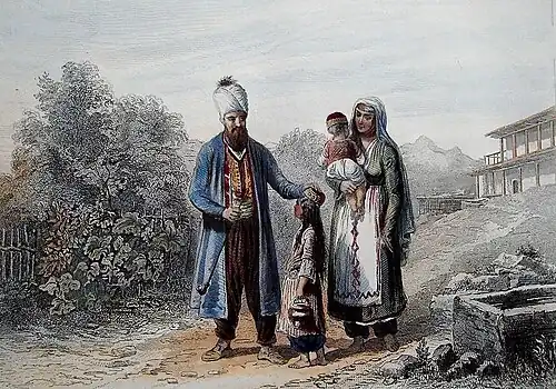 Family of Crimean Tatars. French engraving, 1840s.