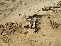 A view downhill of a landscape consisting of yellow lithified sand dunes. There is a man in a light coloured shirt and a cap descending the slope, making his way been two projecting parts of the dune, and moving away from the camera.