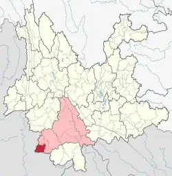 Location of Menglian County (red) and Pu'er City (pink) within Yunnan province