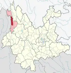 Location of Fugong County (red) and Nujiang Prefecture (pink) within Yunnan province