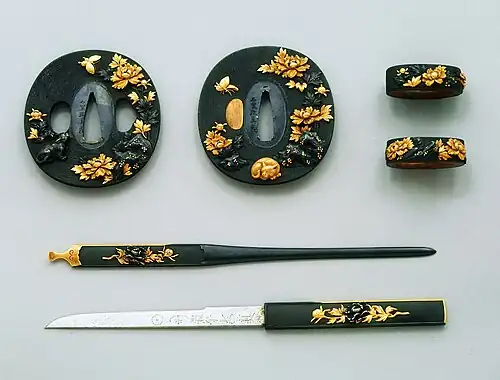 Sword fittings. Tsuba (top left) and fuchigashira (top right) made by Ishiguro Masayoshi in the 18th or 19th century. Kogai (middle) and kozuka (bottom) made by Yanagawa Naomasa in the 18th century.