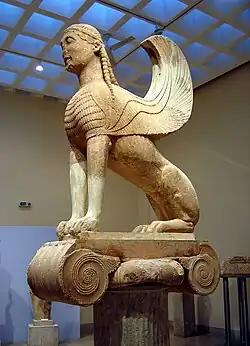 The "Naxian Sphinx" from Delphi, 570–560 BCE, the figure 222 cm (87 in) high