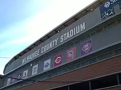 The side of a stadium that says Milwaukee County Stadium