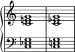 
\new PianoStaff <<
  { \omit Score.TimeSignature }
  \new Staff \fixed c' { <c e! g>1 <c ees g> }
  \new Staff \fixed c { \clef bass <c ees g>1 <c e! g> }
>>
