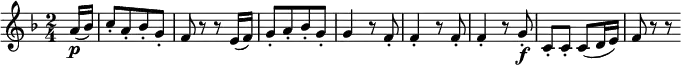  { \relative a' { \key f \major \time 2/4
\partial 8 a16( \p bes) | c8-.[ a-. bes-. g-.] | f8 r r e16( f) | g8-.[ a-. bes-. g-.] |
g4 r8 f-. | f4-. r 8 f-. | f4-. r 8 g-. \f | c,8-. c-. c( d16 e) | f8 r r
}}
