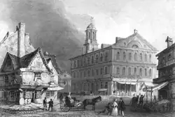 Dock Square, Boston, c. 1840s; Old Feather Store (at left) and Faneuil Hall (in middle)