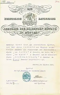 Confirmation of the Academy of Fine Arts in Munich for 8 semesters of study