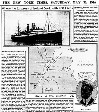 Newspaper headline from the New York Times on May 30, 1914, reporting the sinking of the ocean liner RMS Empress of Ireland and its location