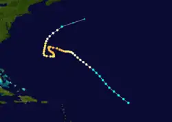 Map showing the path and intensity of the September 1915 hurricane