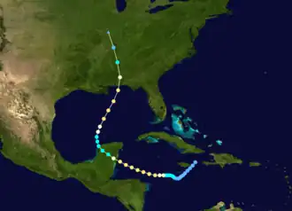 Map of the track and intensity of the storm, beginning in the Caribbean Sea and curving into the Gulf of Mexico before tracking over the United States