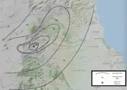 A map of the Veracruz region overlaid by elliptical countours that denote the Mercalli-Cancani intensity during the earthquake varied with location.