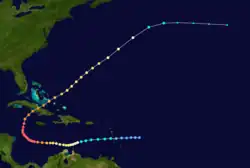 The track of the 1932 Cuba hurricane, with the track beginning at bottom-center, tracing towards the left and then curving to the upper-right corner of the image.