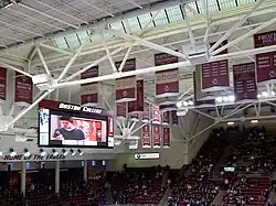 BC hockey's 1949, 2001, and 2008 national championship banners in the Conte Forum rafters.
