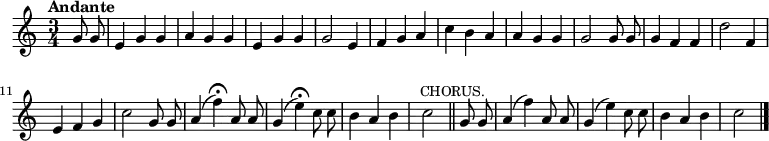 \relative c'' {
\language "english"
\key c \major
\time 3/4
\autoBeamOff
\tupletUp
\tempo "Andante"
\partial 4
g8 g8 |
e4 g g |
a4 g g |
e4 g g |
g2 e4 |
f4 g a |
c4 b a |
a4 g g |
g2 g8 g8 |
g4 f f |
d'2 f,4 |
e4 f g |
c2 g8 g8 |
a4( f')\fermata a,8 a8 |
g4( e')\fermata c8 c8 |
b4 a b |
c2 \bar "||" \mark \markup { \small "CHORUS." } g8 g8 |
a4( f') a,8 a8 |
g4( e') c8 c8 |
b4 a b |
c2 \bar "|."
}