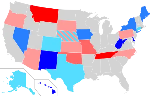Net changes to upper house seats after the 2008 elections      +1 Dem seat      +2 Dem seats      +3 Dem seats      +1 Rep seat      +2 Rep seats      +3 Rep seats      +1 Ind seat
