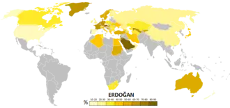 Results obtained by Recep Tayyip Erdoğan by country