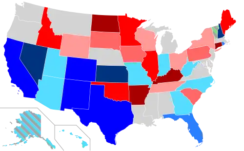 Net changes to lower house seats after the 2016 elections      +1 Dem seat      +2 Dem seats      +3–5 Dem seats      +10–13 Dem seats      +1 Rep seat      +2 Rep seats      +3–5 Rep seats      +6–17 Rep seats      +1 Ind seat      +1 Prog seat