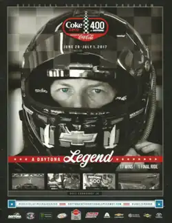 The 2017 Coke Zero 400 program cover, featuring a tribute to Dale Earnhardt Jr. "A Daytona Legend"