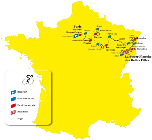 Route map showing the race stages with their start and finish towns