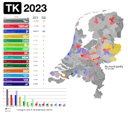 Results by municipality, shaded according to the vote share won by largest party