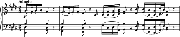 \new PianoStaff <<
\new Staff \relative c'' {
\tempo "Adagio"
\key e \major \time 2/4
gis16.( fis32) gis16-. a-. fis8 r |
e16.( dis32) e16-. fis-. dis8 r16 b |
<b e>16( <b fis'> <b e gis> <cis fis a>) <dis fis>8 r16 <dis b'> |
<e b'>16( <b a'> <b gis'> <cis cis'>32 a') <fis b,>8 r |
}
\new Dynamics { s4\p }
\new Staff \relative c' {
\key e \major \clef bass
<< { b4 b8 } \\ { <e, e,>4 <dis a>8 } >> r |
<< { b'4 <a b>8 } \\ { <e gis,>4 <dis fis,>8 } >> r |
gis16( dis e <a a,>) <b b,>8 r16 <fis a,> |
<gis b,>16( <dis fis,> <e e,> <a a,>32 fis) <dis b>8 r |
}
>>
