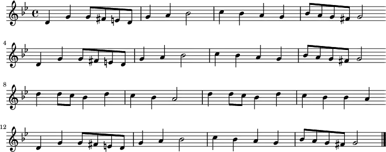 \new Staff <<
\clef treble \key g \minor {
\time 4/4 \partial 1
\relative g' {
d4 g g8 fis e d | g4 a bes2 | c4 bes a g | bes8 a g fis g2 \bar"" \break
d4 g g8 fis e d | g4 a bes2 | c4 bes a g | bes8 a g fis g2 \bar"" \break
d'4 d8 c bes4 d | c4 bes a2 | d4 d8 c bes4 d | c4 bes bes a \bar"" \break
d,4 g g8 fis e d | g4 a bes2 | c4 bes a g | bes8 a g fis g2 \bar"|."
}
}
%\new Lyrics \lyricmode {
%}
>>
\layout { indent = #0 }
\midi { \tempo 4 = 86 }