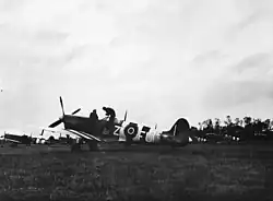 Black and white photo of World War II-era single-engined monoplane aircraft in a field. The fuselage and wings of the aircraft are marked with vertical black and white stripes.