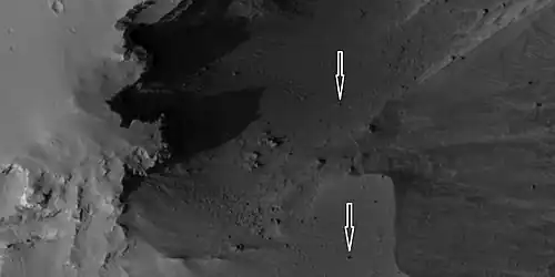 Boulders and their tracks from rolling down a slope, as seen by HiRISE under HiWish program. Arrows show two boulders at the end of their tracks. Location is Arabia quadrangle.
