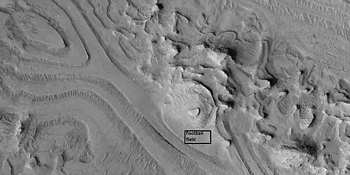 Close view of layers, as seen by HiRISE under HiWish program Box shows the size of a football field.