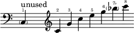 {
\new Staff \with { \remove "Time_signature_engraver" }
\clef bass \key c \major \cadenzaOn
\parenthesize c4 \finger \markup \text "1" ^ \markup "unused"
\once \hide r1
\clef treble
c'4 \finger \markup \text "2"
g' \finger \markup \text "3"
c'' \finger \markup \text "4"
e'' \finger \markup \text "5"
g'' \finger \markup \text "6"
\parenthesize bes'' \finger \markup \text "7♭"
c''' \finger \markup \text "8"
\break
}