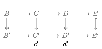 An animation showing a diagram chase to prove (1) of the 4 lemma. This is the case where we assume c' gets sent to a nonzero element and want to show the map from B to B' is epic.