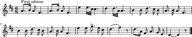 
\transpose c d \relative c'' {
  \key c \major \set Staff.midiInstrument = #"acoustic guitar (nylon)"
  \time 6/8 \set Score.tempoHideNote = ##t \tempo 4 = 60 \autoBeamOff
  g8.^"First edition" [a16] g8 e4. | g8. [a16] g8 e4. | d'4 d16. [b32] b4. | c4 c16. [g32] g4. | a4 a8 c8. b16 a8 | g8. a16 g8 e4. |
  a4 a8 c8. b16 a8 | g8. a16 g8 e4. | d'4 d8 f8.-> d16 b8 | c4. (e4) r8 | c8. [g16] e8 g8. f16 d8 | c4.~ c4 r8 \bar "|."
}
