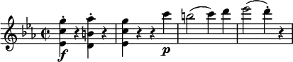 
\relative g'' {
  \key c \minor \time 2/2
  <g c, es,>4-. \f r <as b, d,>-. r
  <g c, es,>4 r r c \p
  b2( c4) d
  es2( d4-.) r
}
