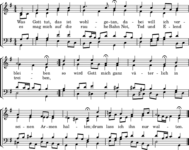 \header { tagline = " " }
\layout { indent = 0 \context { \Score \remove "Bar_number_engraver" } }
global = { \key g \major \numericTimeSignature \time 4/4 \set Score.tempoHideNote = ##t \set Timing.beamExceptions = #'()}
soprano = \relative c' { \global
\tempo 4=72
\repeat volta 2 { \partial 4 d4 |
g a b c |
d4. c8 \tempo 4=30 b4\fermata \tempo 4=72 e |
d c b8 a b4 |
a2 \tempo 4=30 g4\fermata } \tempo 4=72 d' |
e e \tempo 4=30 a,\fermata \tempo 4=72 a |
d d \tempo 4=30 g,\fermata \tempo 4=72 b |
a g fis8 e fis4 |
e2 \tempo 4=30 d4\fermata \tempo 4=72 d' |
c! b a b8 c |
a2 \tempo 4=30 g4\fermata \bar "|."
}
alto = \relative c' { \global
\partial 4 b8 c |
d4 d g g |
g fis g g |
fis e d g |
g fis d g |
g a8 g fis4 fis |
fis fis e e |
e e e d |
d cis a fis' |
g8 a d, e fis4 g |
g8 fis16 e fis4 d
}
tenor = \relative c' { \global
\partial 4 g8 a |
b4 a e' e |
d8 c16 b a8 d d4 c8 b |
a4 g8 a b c d4 |
d8 c16 b c8 a b4 b |
c8 d e4 d cis |
cis8 ais b4 b g |
a8 b cis4 a b |
b a8 g fis4 b |
b8 a b c d4 d |
d8 a16 b c4 b
}
bass = \relative c { \global
\partial 4 g4 |
g' fis e d8 c |
b c d4 g, c |
d e8 fis g4 b,8 c |
d2 g,4 g' |
c, cis d fis |
b,8 cis d b e4 e8 d |
cis4 b8 a d cis b a |
g4 a d b |
e8 fis g4 d8 c b g |
d'2 g,4
}
\score {
\new ChoirStaff <<
\new Staff \with { midiInstrument = "choir aahs" }
<<
\new Voice = "soprano" { \voiceOne \soprano }
\new Voice = "alto" { \voiceTwo \alto }
>>
\new Lyrics \lyricsto "soprano" {
<<
{ Was Gott tut, das ist wohl -- ge -- tan,
da -- bei will ich _ ver -- blei -- ben }
\new Lyrics { \set associatedVoice = "soprano" {
es mag mich auf die rau -- he Bahn
Not, Tod und E -- _ lend trei -- ben, }
}
>>
so wird Gott mich ganz vä -- ter -- lich
in sei -- nen Ar -- _ men hal -- ten;
drum lass ich ihn nur _ wal -- ten.
}
\new Staff \with { midiInstrument = "choir aahs" }
<<
\clef bass
\new Voice = "tenor" { \voiceOne \tenor }
\new Voice = "bass" { \voiceTwo \bass }
>>
>>
\layout { }
\midi { }
}