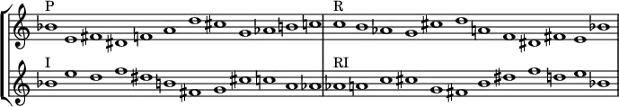 {
\override Score.TimeSignature
#'stencil = ##f
\override Score.SpacingSpanner.strict-note-spacing = ##t
\set Score.proportionalNotationDuration = #(ly:make-moment 3/1)
\new StaffGroup <<
\new Staff
\relative c'' {
\time 12/1
bes1^\markup { P } e, fis dis f a d cis g aes b c
c^\markup { R } b aes g cis d a f dis fis e bes'
}
\new Staff {
\relative c'' {
bes1^\markup { I } e d f dis b fis g cis c a aes
aes^\markup { RI } a c cis g fis b dis f d e bes
} }
>>
}