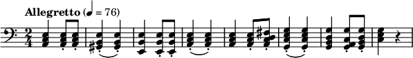 \new Score {
\new Staff {
\relative c {
\set Staff.midiInstrument = #"cello"
\time 2/4
\key a \minor
\clef bass
\tempo "Allegretto" 4 = 76
<a c e>4 q8-. q-.
<gis b e>4-.(q-.)
<e b' e> q8-. q-.
<a c e>4-.(q-.)
<a c e>4 q8-. <a c d fis>-.
<g c e g>4-.(q-.)
<g b d g>4 <g a c g'>8-. <g b d g>-.
<c e g>4 r4
}
}
}