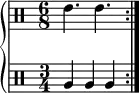 
    \new PianoStaff <<
       \new DrumStaff <<
           \drummode {
              \set Staff.timeSignatureFraction = 6/8
              \set Score.tempoHideNote = ##t \tempo 4 = 120
              \repeat volta 2 { tommh4. tommh }
           }
       >>
       \new DrumStaff <<
           \drummode {
              \set Staff.timeSignatureFraction = 3/4
              \repeat volta 2 { tomfh4 tomfh tomfh }
           }
       >>
   >>
