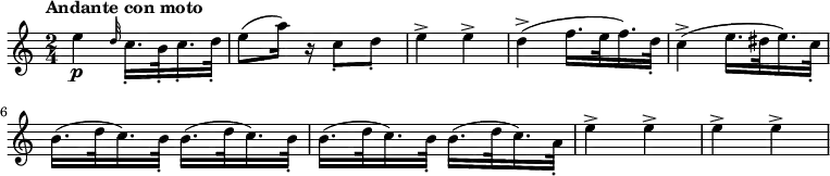 
\relative c' { \set Staff.midiInstrument = #"oboe"
  \set Staff.midiMinimumVolume = #0.7
  \set Staff.midiMaximumVolume = #1.0
  \tempo "Andante con moto"
  \tempo 8 = 120
  \transposition c'
  \key a \minor
  \time 2/4
  e'4_\p \grace {d32} c16._. b32_. c16._. d32_. e8( a16) r c,8_. d_. e4-> e-> d->( f16. e32 f16.) d32_. c4->( e16. dis32 e16.) c32_. b16.( d32 c16.) b32_. b16.( d32 c16.) b32_. b16.( d32 c16.) b32_. b16.( d32 c16.) a32_. e'4-> e-> e-> e->
}
