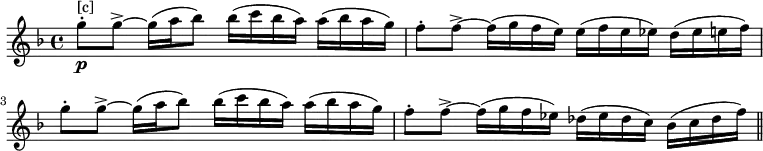 \relative c'''{\set Score.tempoHideNote = ##t \tempo 4 = 152 \key f \major \time 4/4 g8-.\p^"[c]" g8->~g16( a bes8) bes16( c bes a) a( bes a g) f8-. f->~f16( g f e) e( f e ees) d( ees e f) \break g8-. g->~g16( a bes8) bes16( c bes a) a( bes a g) f8-. f->~f16( g f ees) des( ees des c) bes( c des f) \bar "||"}\layout{\context{\Score
\override NonMusicalPaperColumn.line-break-permission = ##f
\override NonMusicalPaperColumn.page-break-permission = ##f}}