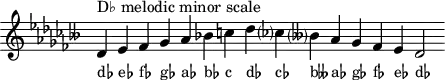 \header { tagline = ##f }
scale = \relative b {\accidentalStyle modern \key des \minor \omit Score.TimeSignature
des^"D♭ melodic minor scale" es fes ges as bes c des ces? beses? as ges fes es des2 }
\score { { << \cadenzaOn \scale \context NoteNames \scale >> } \layout { } \midi { } }