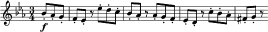 
\relative bes' {
  \key es \major \time 3/4
  \partial 4. bes8-. \f as-. g-.
  f8-. es-. r es'-. d-. c-.
  bes8-. as-. r as-. g-. f-.
  es8-. d-. r c'-. bes-. as-.
  fis8-. g-. r
} 