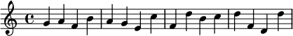 \relative c'' {
 \key c \major
g a f b a g e c' f, d' b c d f, d d'
}