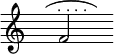 
{ \time 4/2 \override Score.TimeSignature #'stencil = ##f \override TextScript #'avoid-slur = #'inside \override TextScript #'outside-staff-priority = ##f \slurUp \hideNotes f''4( \unHideNotes f'2^\markup { \halign #0 . . . . } \hideNotes f''4) }