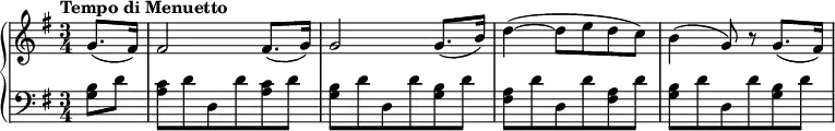 
\new PianoStaff <<
 \new Staff \relative c'' {
  \tempo "Tempo di Menuetto"
  \key g \major \time 3/4
  \partial 4 g8.( fis16) |
  fis2 fis8.( g16) |
  g2 g8.( b16) |
  d4~( d8 e d c) |
  b4( g8) r g8.( fis16) |
 }
 \new Staff \relative c' {
  \key g \major \clef bass
  <b g>8 d |
  <c a>8 d d, d' q d |
  <b g>8 d d, d' q d |
  <a fis>8 d d, d' q d |
  <b g>8 d d, d' q d |
 }
>>
