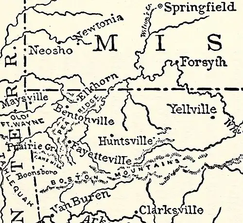 A map of northwestern Arkansas. Van Buren is on the north side of the Arkansas River, with Fort Smith on the south side. Prairie Grove is on the north side of the Boston Mountains