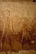 Relief of the Abydos King List showing Seti I and his son Ramesses II on the way to make an offering. Seti is seen wearing the Khepresh while Ramesses is depicted as a prince holding censers.