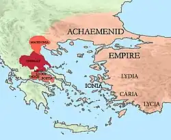 A map centered on modern Greece, Bulgaria and western Turkey showing the territories of the Achaemenid empire and the Greek city states allied with it.