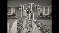 Black-and-white image of actress Kathryn Hahn in a 1950s-style dress behind the text "Agatha All Along".