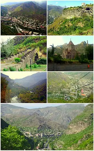 From top left: Alaverdi skyline • Old caves in Alaverdi Sanahin Bridge • Gregory of Narek Church Debed River • The copper combine and cable car Panoramic view of Alaverdi